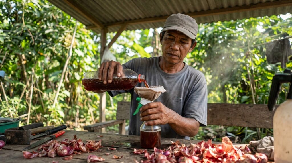 Proses pembuatan ZPT alami dari kulit bawang merah untuk merangsang bunga tanaman cabai dan mangga.