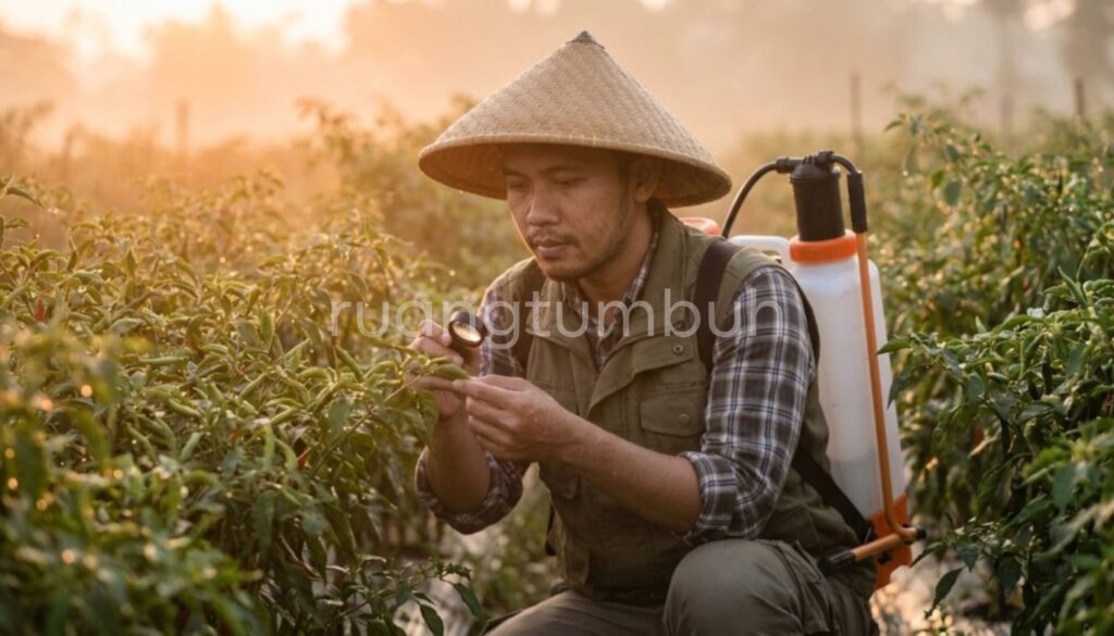 Petani sedang menyemprot pupuk organik cair ke daun tanaman cabai pada pagi hari menggunakan sprayer elektrik untuk hasil maksimal.