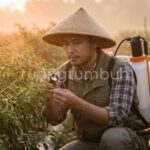 Petani sedang menyemprot pupuk organik cair ke daun tanaman cabai pada pagi hari menggunakan sprayer elektrik untuk hasil maksimal.
