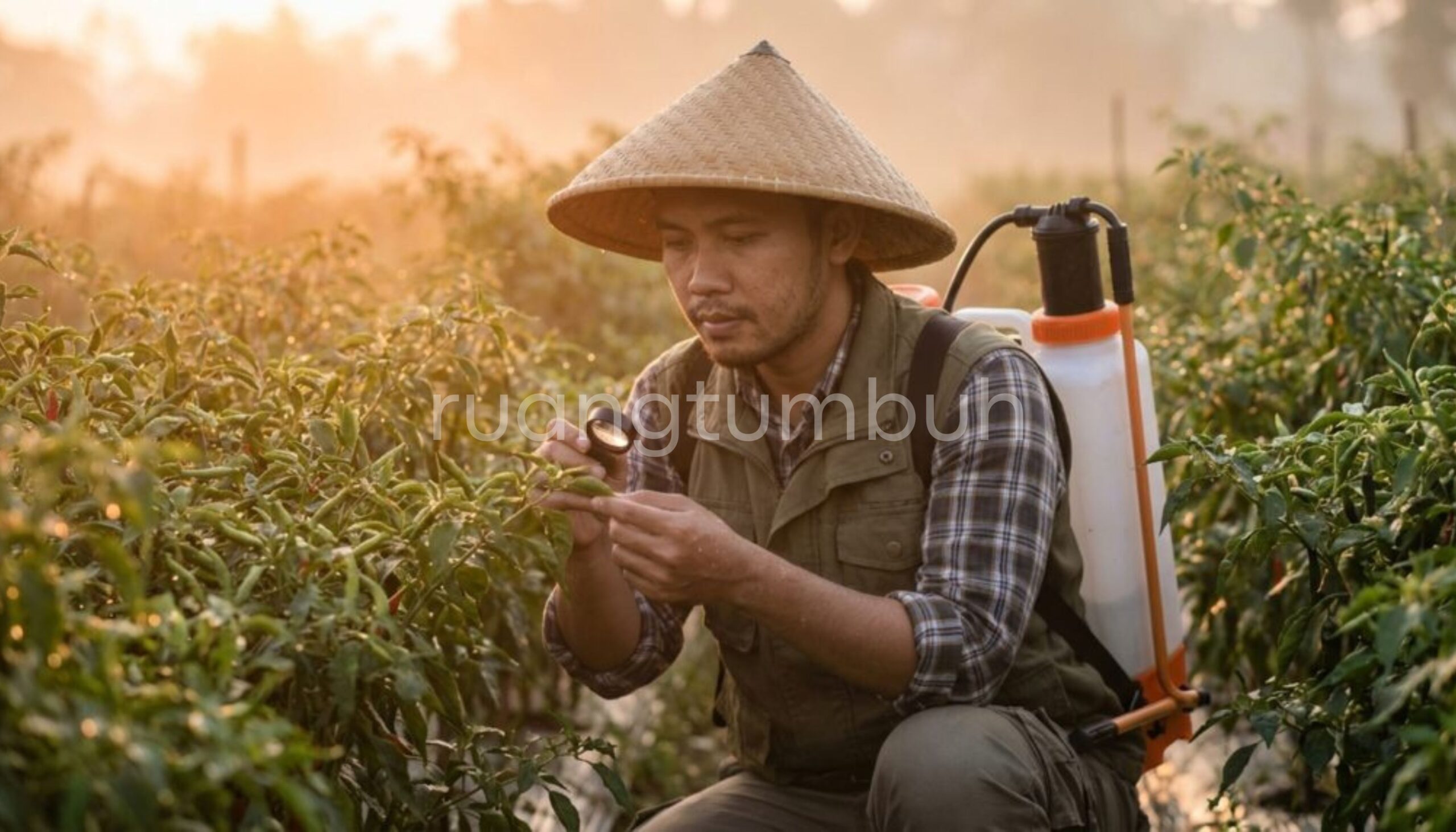 Petani sedang menyemprot pupuk organik cair ke daun tanaman cabai pada pagi hari menggunakan sprayer elektrik untuk hasil maksimal.