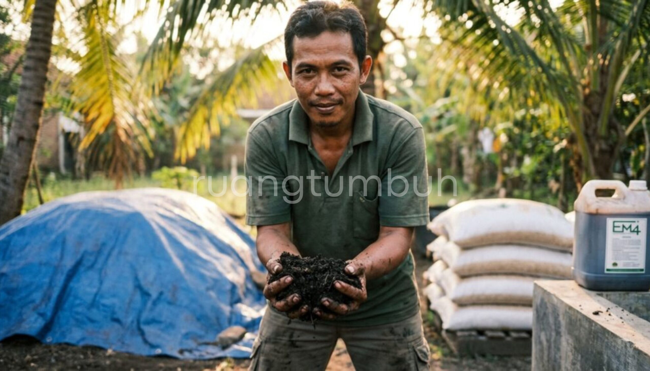 Proses pembuatan pupuk bokashi padat menggunakan EM4 dan dedak untuk pertanian organik.