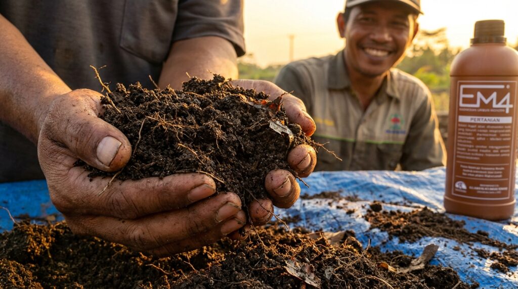 Perbandingan akar tanaman yang terbakar akibat bahaya pupuk kandang mentah dan akar sehat dengan pupuk organik fermentasi.