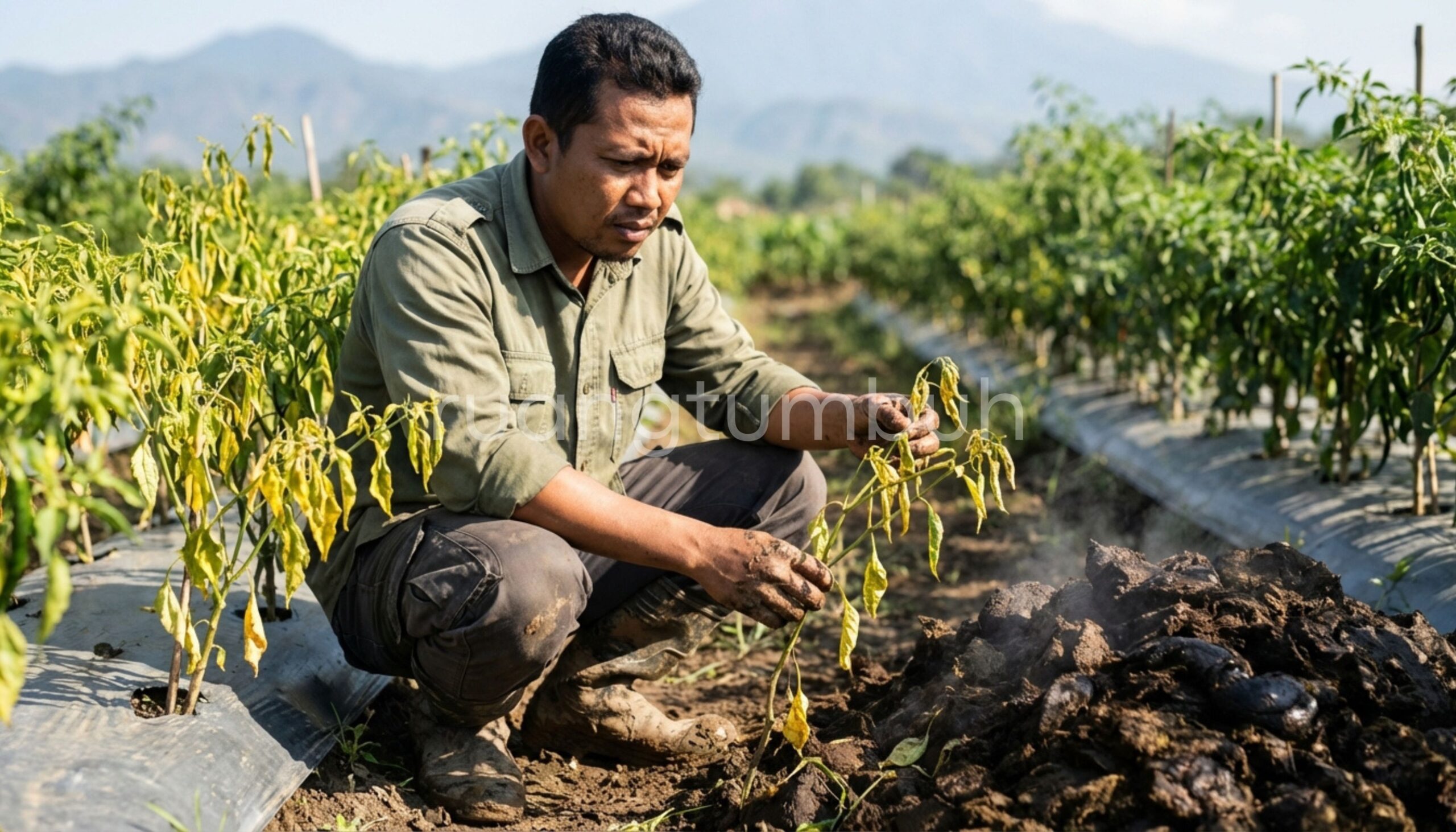 Perbandingan akar tanaman yang terbakar akibat bahaya pupuk kandang mentah dan akar sehat dengan pupuk organik fermentasi.