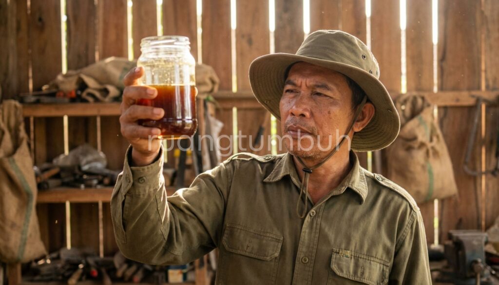 Bagus Prakoso menunjukkan contoh cairan POC matang sempurna berwarna cokelat gelap dalam wadah fermentasi untuk pertanian organik.