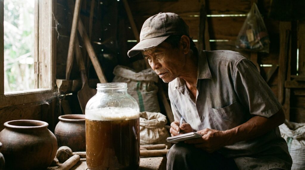 Ilustrasi petani sedang menyemprot pestisida nabati di pagi hari dengan teknik yang benar untuk menghindari penguapan senyawa aktif.