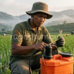 Ilustrasi petani sedang menyemprot pestisida nabati di pagi hari dengan teknik yang benar untuk menghindari penguapan senyawa aktif.