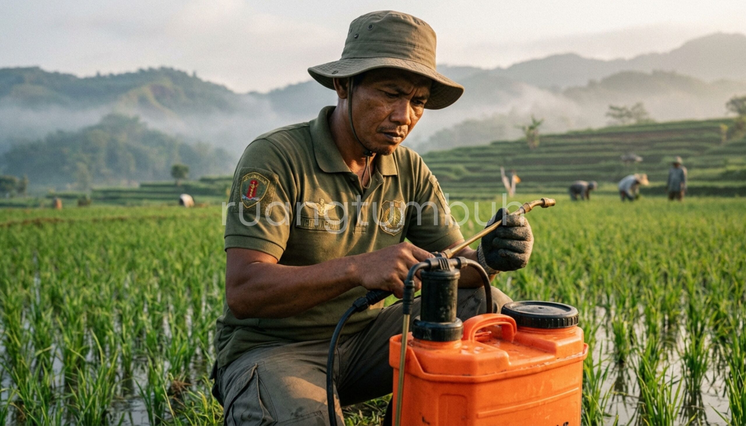 Ilustrasi petani sedang menyemprot pestisida nabati di pagi hari dengan teknik yang benar untuk menghindari penguapan senyawa aktif.