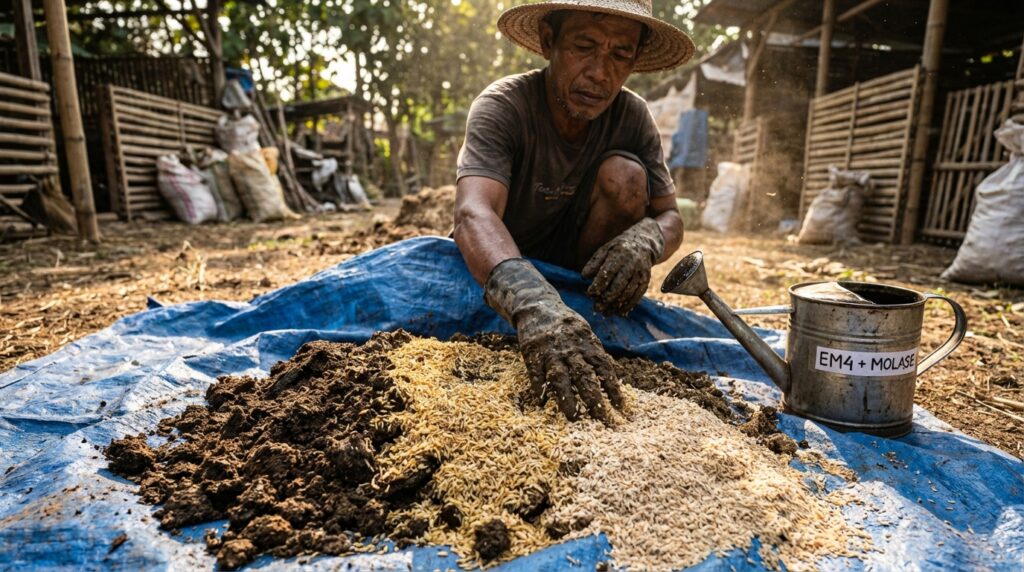 Proses pembuatan pupuk bokashi padat menggunakan EM4 dan dedak untuk pertanian organik.