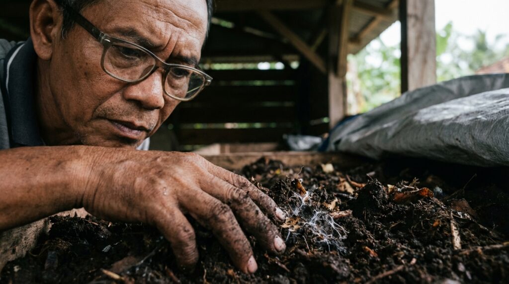 Proses pembuatan pupuk bokashi padat menggunakan EM4 dan dedak untuk pertanian organik.