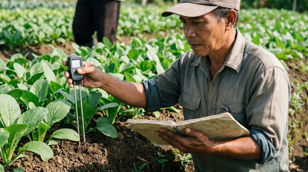 Petani sedang menyemprot pupuk organik cair ke daun tanaman cabai pada pagi hari menggunakan sprayer elektrik untuk hasil maksimal.