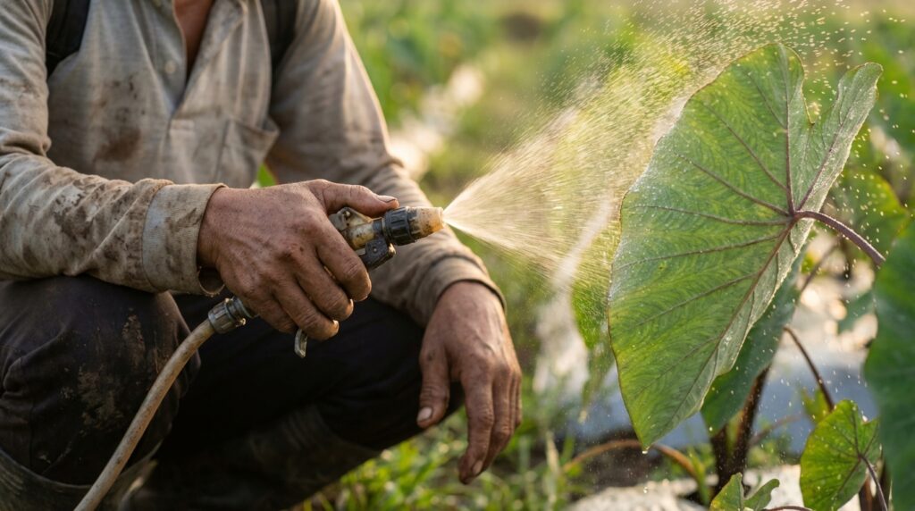 Petani sedang menyemprot pupuk organik cair ke daun tanaman cabai pada pagi hari menggunakan sprayer elektrik untuk hasil maksimal.
